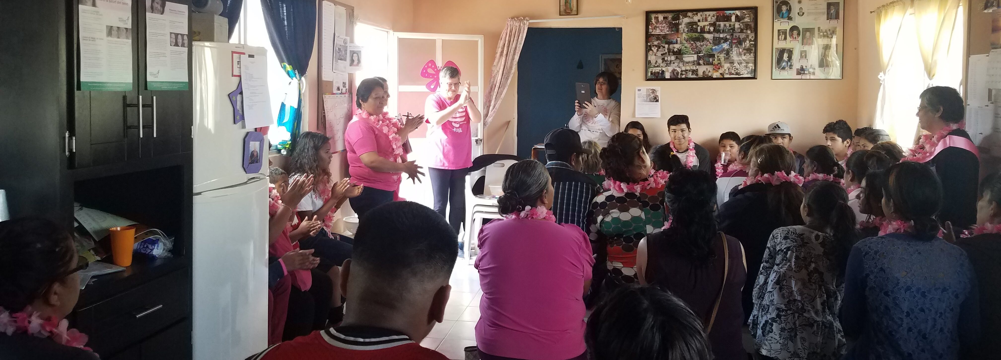 a crowd of people in a small room listening to a presenter speak about breast cancer screening and care.